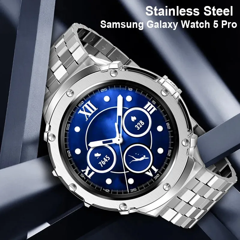 Titta på band rostfritt stål casestrap för Galaxy Watch 5 Pro 45mm inte titta på metall stötfångare omslag galax watch5 pro 45 band 231108