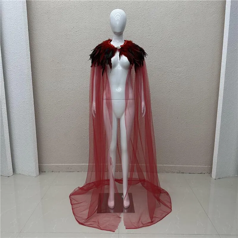Stage Wear Gothic Style Women Halloween Party Feather Collar Shawl Cape Steampunk Witch Tulle Cape Cloak Stage Performance Cosplay Gown 180cm