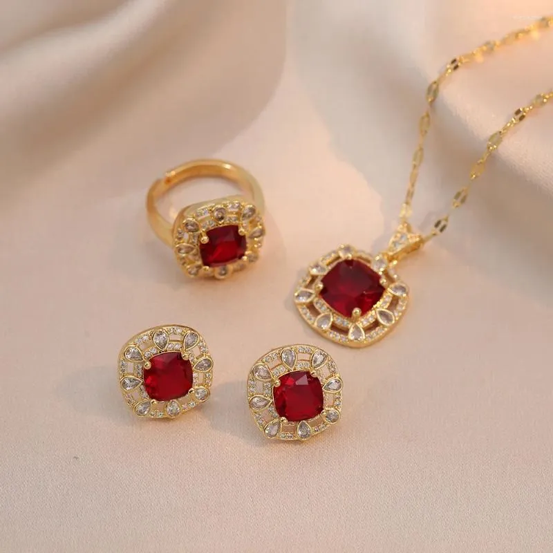 Necklace Earrings Set Cushion Cut Red Stone Square Stud Ring Pendants Clavicle Necklaces For Women Gold Color Zircon Bridal Gift