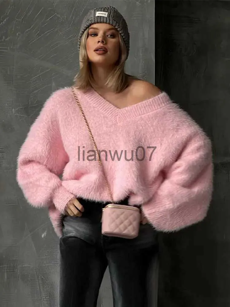 Kvinnors tröjor mohair rosa v-hals mjuk wmen stickad jumper lykta hylsa lösa avslappnade varm överdimensionera tröja hösten chic outwear stickwear j231110