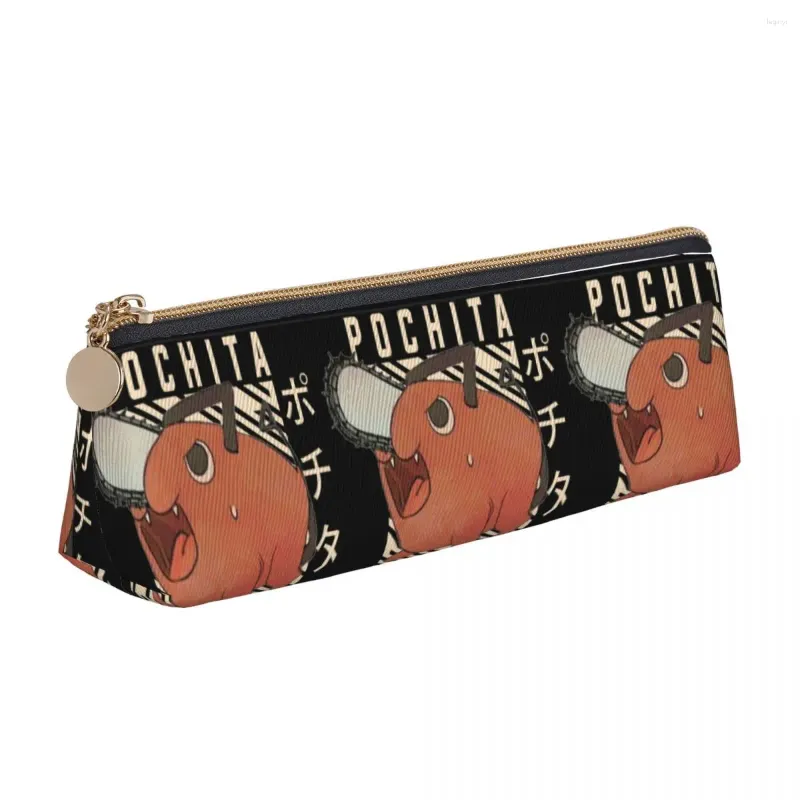 Pochita Chainsaw Man Leather Pencil Case Cute Devil Love Funny Denji Fashion Zipper Box College Tonåring Triangle Pen Bag