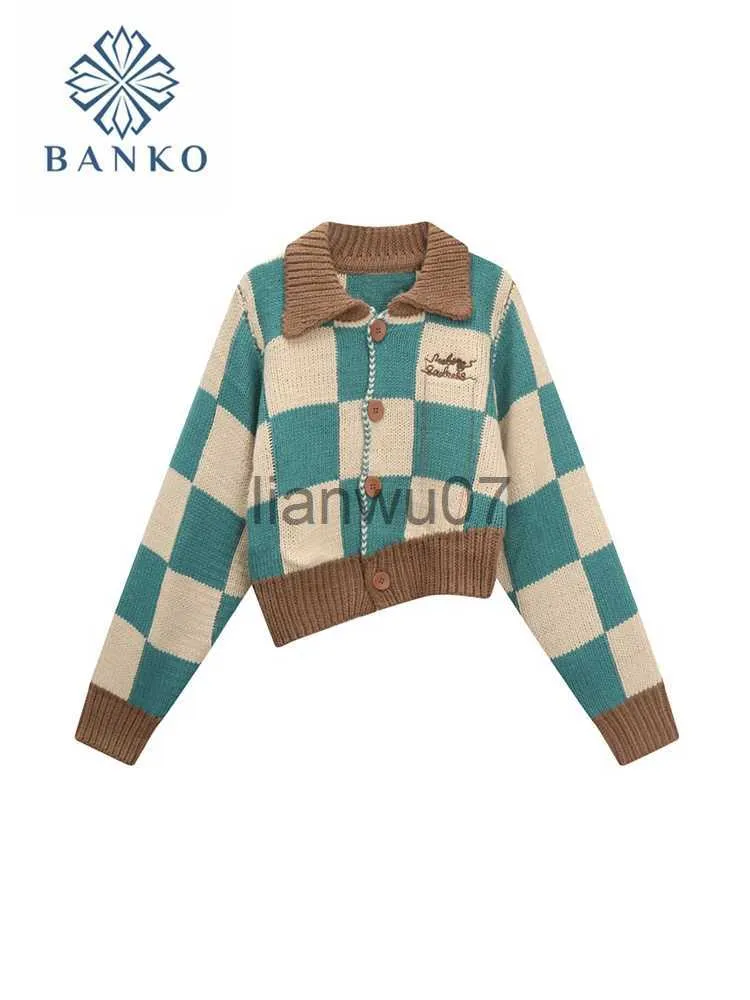 Women's Sweaters American Style Classical Knitwear Lapel Short Knitted Cardigan Female Loose Sweater Contrast Color Plaid 90s Gyaru Autumn Winter J231110