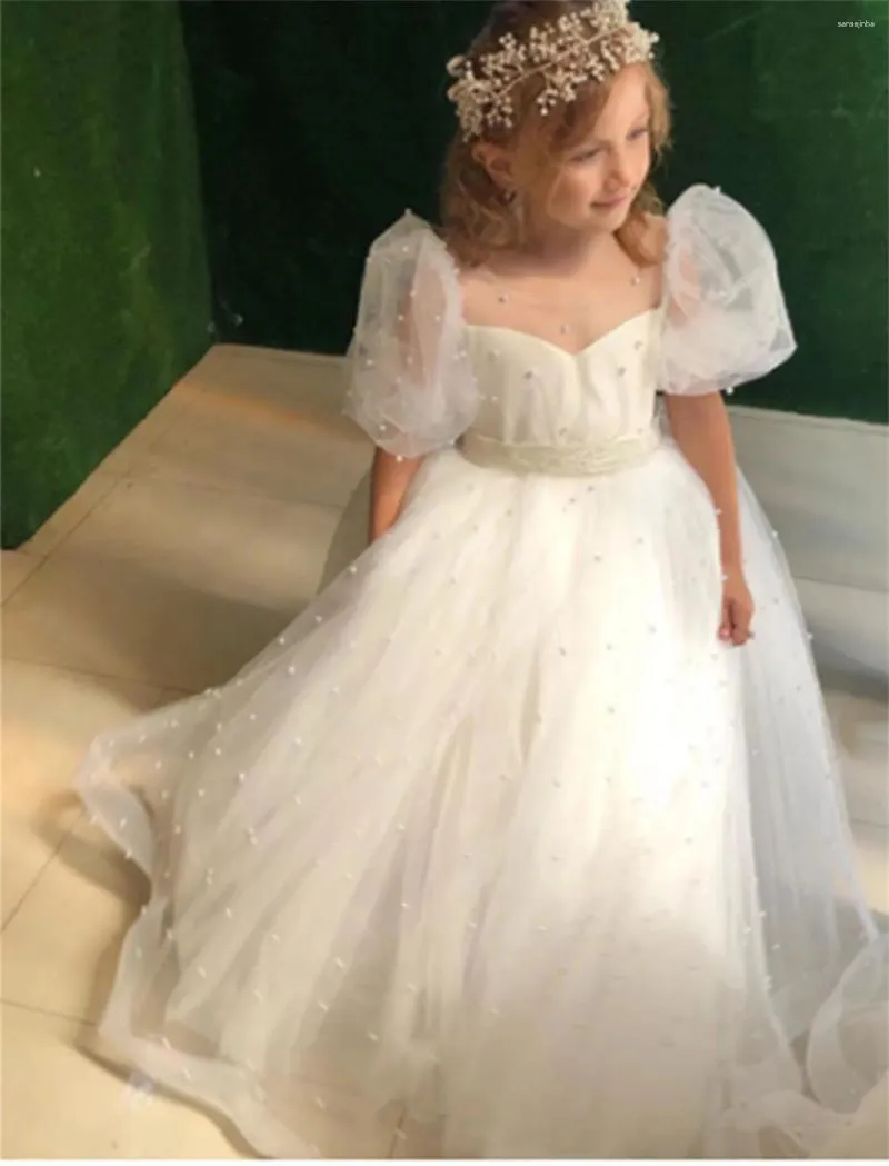 Mädchenkleider Tüll Spitze Blumenkleid Elfenbeinweiß Perlenschleife Prinzessin Hochzeit Süßes kleines Kind Party Erstkommunion Ballkleider