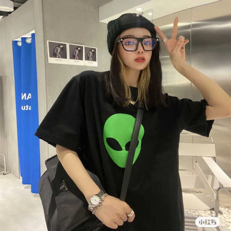 2023 New Women 's 고품질 Tshirt 셔츠 에디션 여름 글로우 외계인 프린트 메시 레드 같은 슬리브 티셔츠