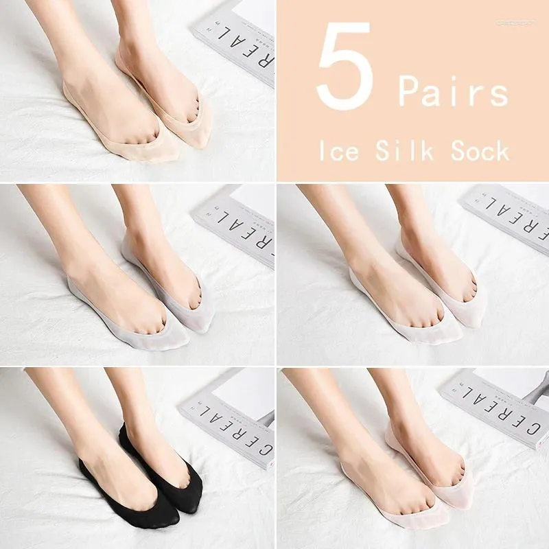 Women Socks 5 Pairs Ice Silk High-heeled Shoes Lace Non-slip Summer For Ladies Invisible Solid Color Short Ankle Boat Fruits