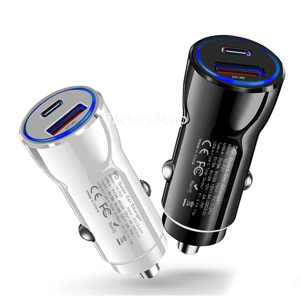 38W snabb snabb laddning PD USB C -billaddare Dual Ports QC3.0 Car Chargers Auto Power Adapters för iPhone 11 12 13 14 15 Pro Max LG Android -telefon F1 med detaljhandeln