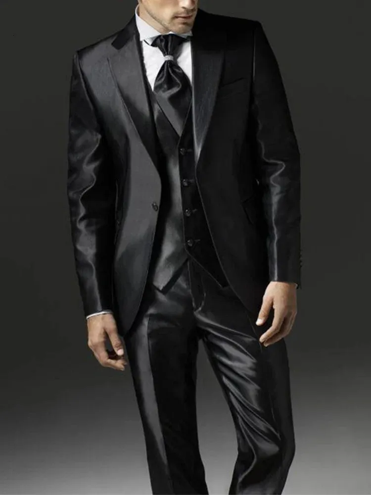 Mens Suits Blazers Style Black Two Bottom Satin Beach Men Suit Wedding Prom Costume Homme 3 Pieces JacketPantVest 231110