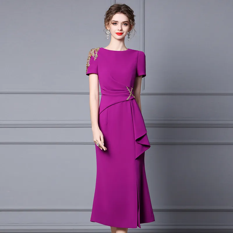Casual Dresses Summer Purple Nail Diamond Elegant Warm Tight Waist Fishtail Evening Dress 230410
