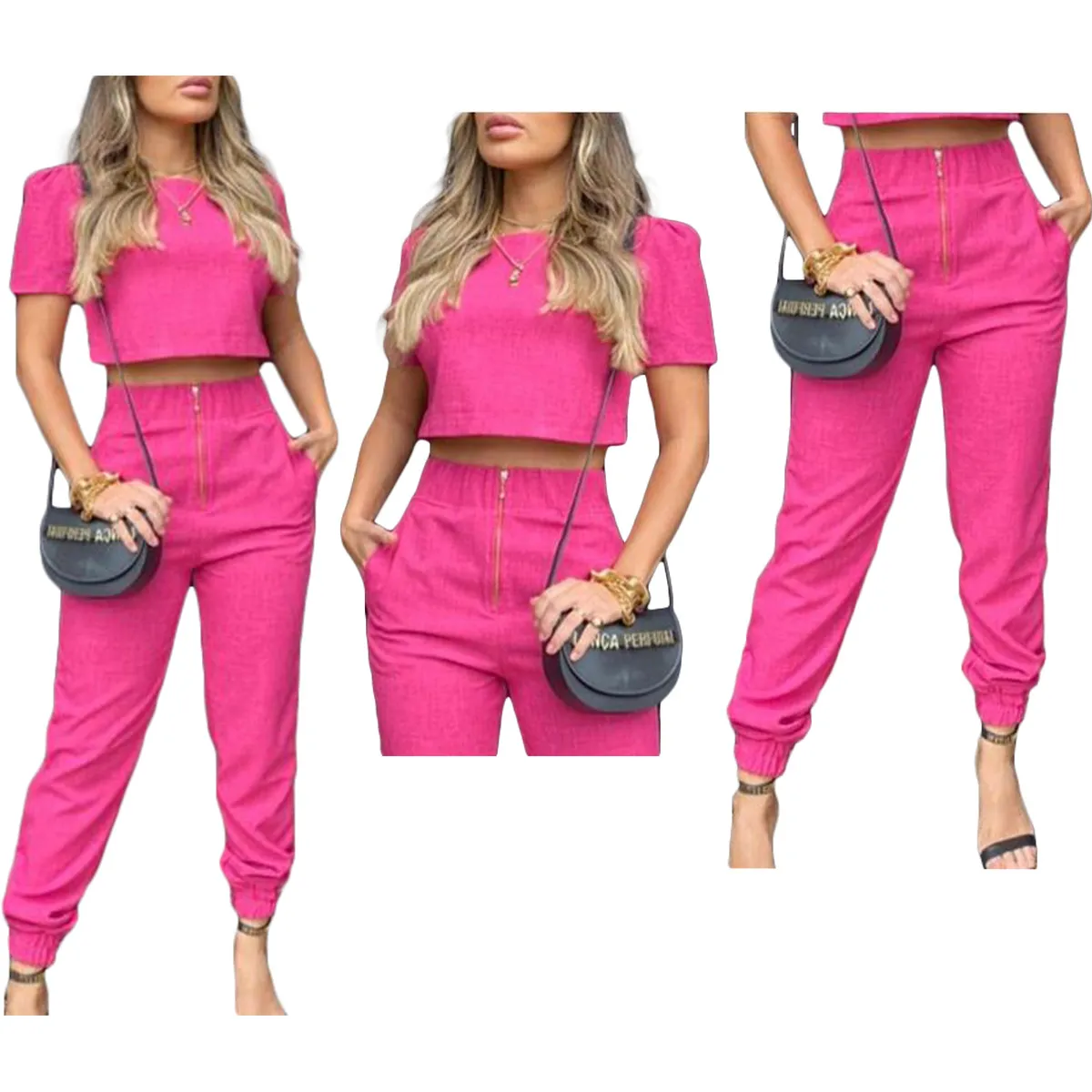 Calças de duas peças femininas conjunto de manga curta vermelha rosa top de manga curta e terno de calça longa e esbelta 2023 primavera verão 2 pcs roupas de roupa casual