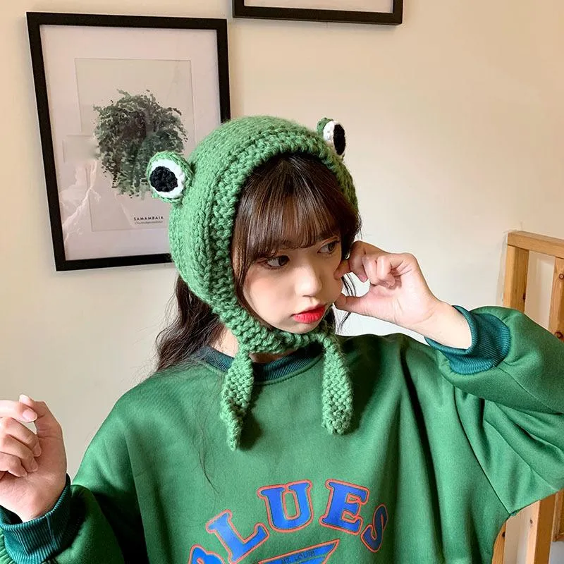 Beanies Beanie/Skull Caps Korean Kawaii Girl Frog Hat Cute Sticked Big Eye Hair Band Huvudbonader Varma öronskydd Huvudspolar