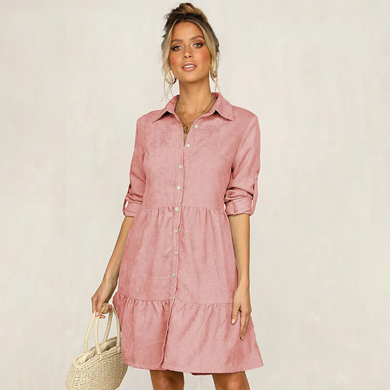 Robes décontractées Mode Chemise Robe Bouton Décontracté Revers Manches Longues À Volants A-ligne Robe Printemps Femmes Robe De Soirée Rose 230410