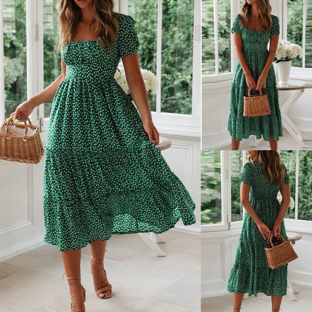 Casual Dresses Vestidos Retro Women's Printed Puff Sleeves Summer Beach Sweetheart Dress Casual Square Neck Long Dress 230410