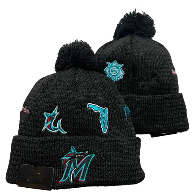 قبعات الرجال Marlins Beanies Miami Hats جميع الفرق الـ 32 متوترة بوم المكبّة على جانبي الصوف الدافئ USA College Sport Knit Hat Hockey Beanie Cap للسيدات A0