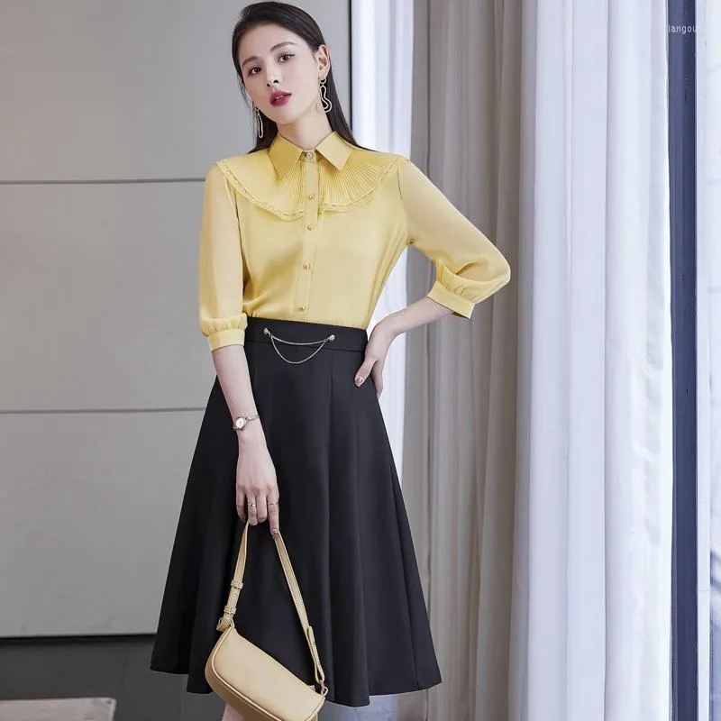 Women's Blouses Fashion Yellow & Shirts Women 2 Piece Skirt And Top Sets Half Sleeve Ladies Work Clothes