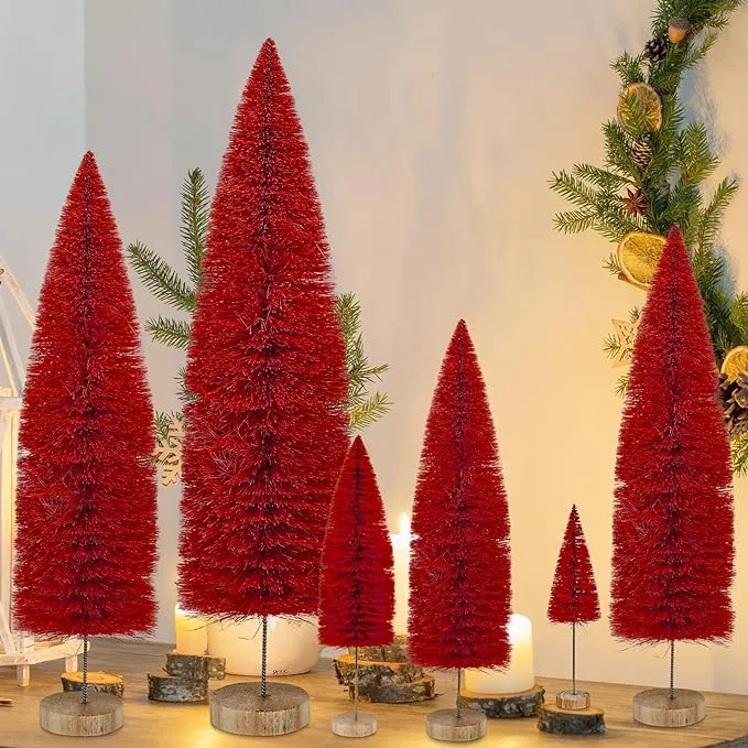 Zk20 6 peças de árvore de natal, escova de garrafa de vila de natal, árvores falsas, mesa de natal, decoração de pinheiro pequeno, decoração de natal, festa de natal