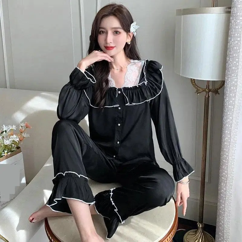 Mulheres sleepwear primavera mulheres 2pcs pijamas conjunto outono manga longa camisa calças nightsuits terno v-pescoço renda cetim pijamas lingerie