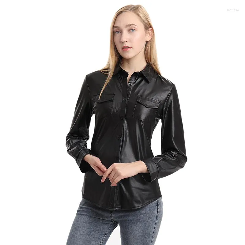 Damen Blusen PU-Leder Damen Sexy Langarm Knöpfe Damen Tops und Damen Streetwear Casual Chic Shirts Lusas