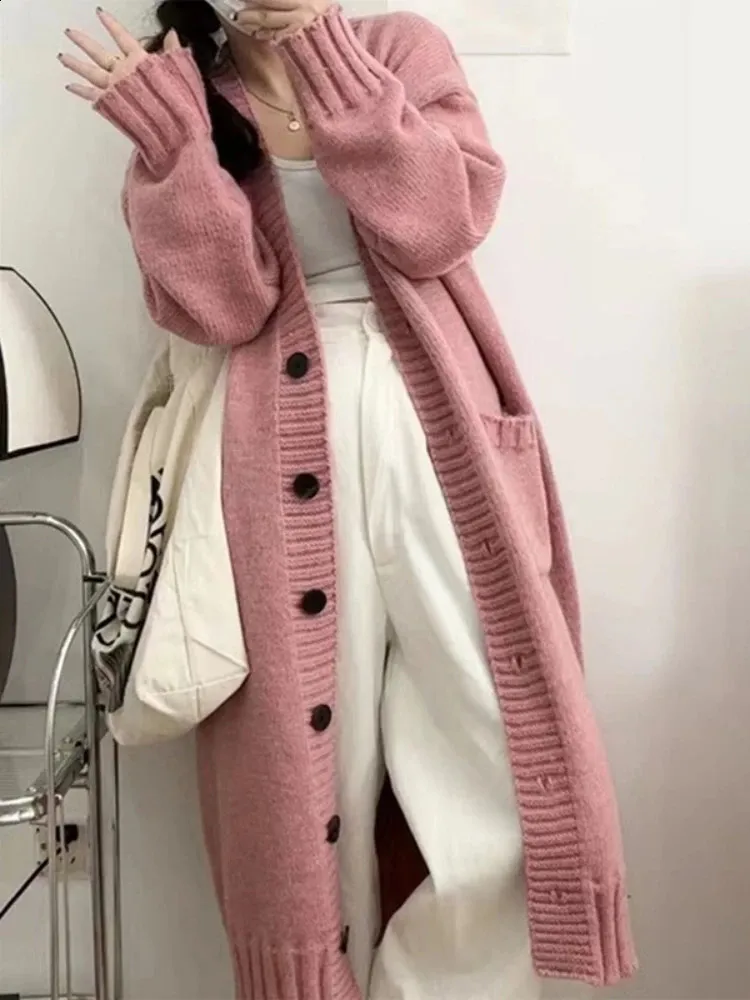 Dzienniki dla kobiet różowy swetra kawaii kawaii sweter z długim rękawem top koreański moda mody duży kardigan ciepłe luźne swetry swetry długie kardigany 231109