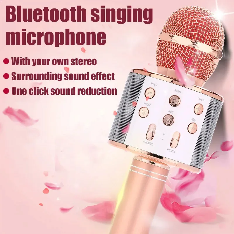 Mikrofone WS858 Karaoke-Mikrofon für singende Kinder 5-in-1-drahtloses Bluetooth-Mikrofon mit LED-Leuchten Maschine tragbarer Mikrofonlautsprecher 231109