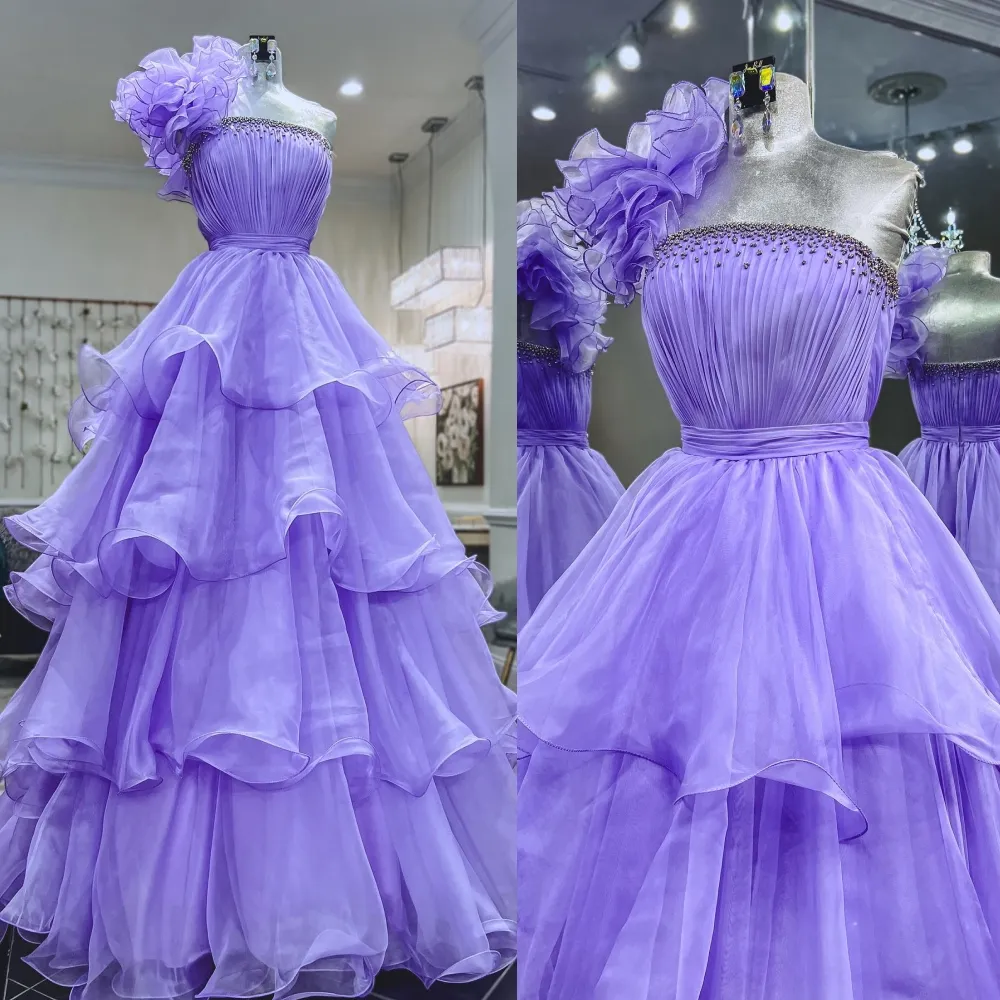 Lilac Prom Dress 2k24 Ruffles One-Shoulder Layer Organza Long Lady Preteen Pageant Gown Formal Evening Cocktail Party Wedding Guest Red Capet Runway Gala Black-Tie