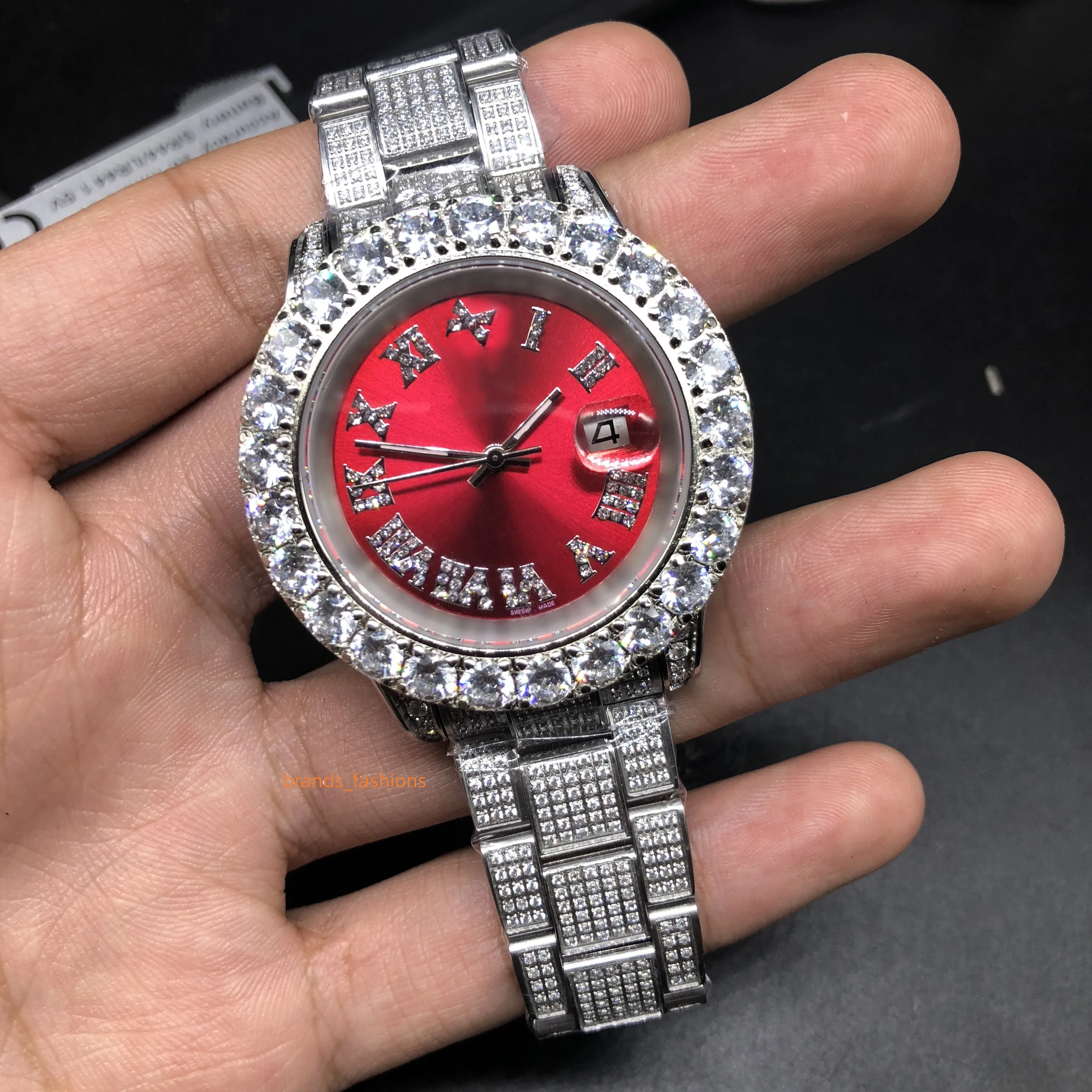 Iced Out Men Bekijk 43 mm prong set ring ring diamanten automatische herenhorloges zilveren roestvrijstalen grote diamanten herenhorloge