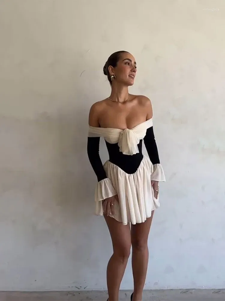 patchwork off shoulder pleated mini dress Contrast Patchwork Off Shoulder Flared Mini Dress Highly Praise