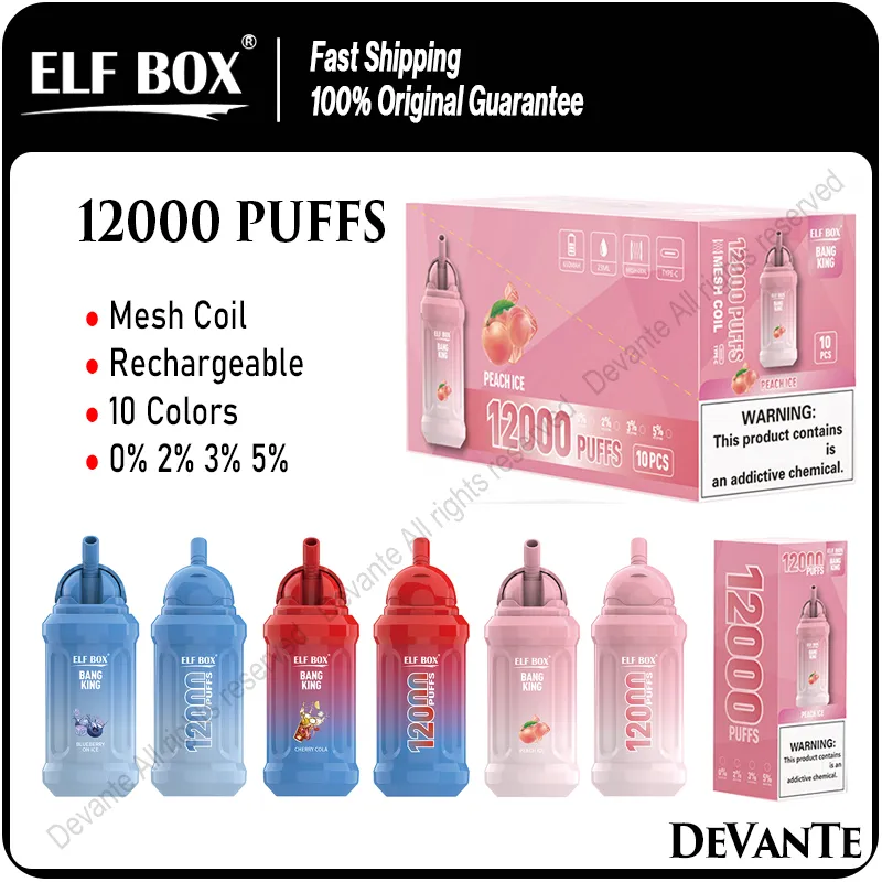 Elf Box Bang King 12000 Puf Teslim Edilebilir Vape Kalem 12K Puflar Vapers Mesh Bobin Şarj Edilebilir 600mAh Pil E Sigara 0% 2% 3% 5% 10 Flavlar Vaprorizers