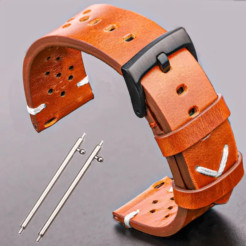 İzle Bantlar Nefes Alabilir Watchband Strap Yağı Balmumu Orijinal Deri 18mm 20mm 22mm 24mm Kadın Erkekler Cowhide Bilek Saat Band Siyah Kahverengi Kemer 231108