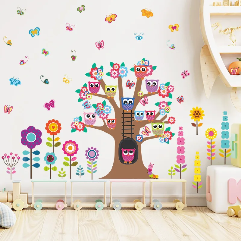 Adesivos de parede desenho animado árvore fofa coruja flor flor de borboleta decalque removível decalque decalque decorativo arte mural jardim de infância do bebê infantil Poster Mural 230410