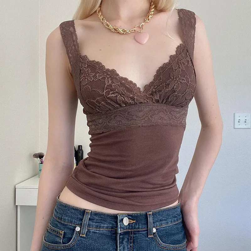 CAMISOS Tanks Doury 2000s Vintage Cami Brown Lace Riem Backless V Neck Lowchest Crop Tops Fairy Aesthetics Camisole Y2K kleding 230410