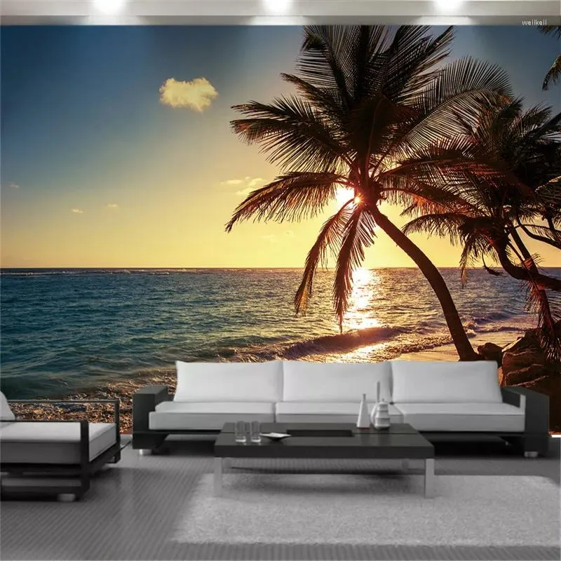 Wallpapers 3d vista mar wallcovering papel de parede nascer do sol seaside coco sala de estar quarto cozinha pintura parede coverin