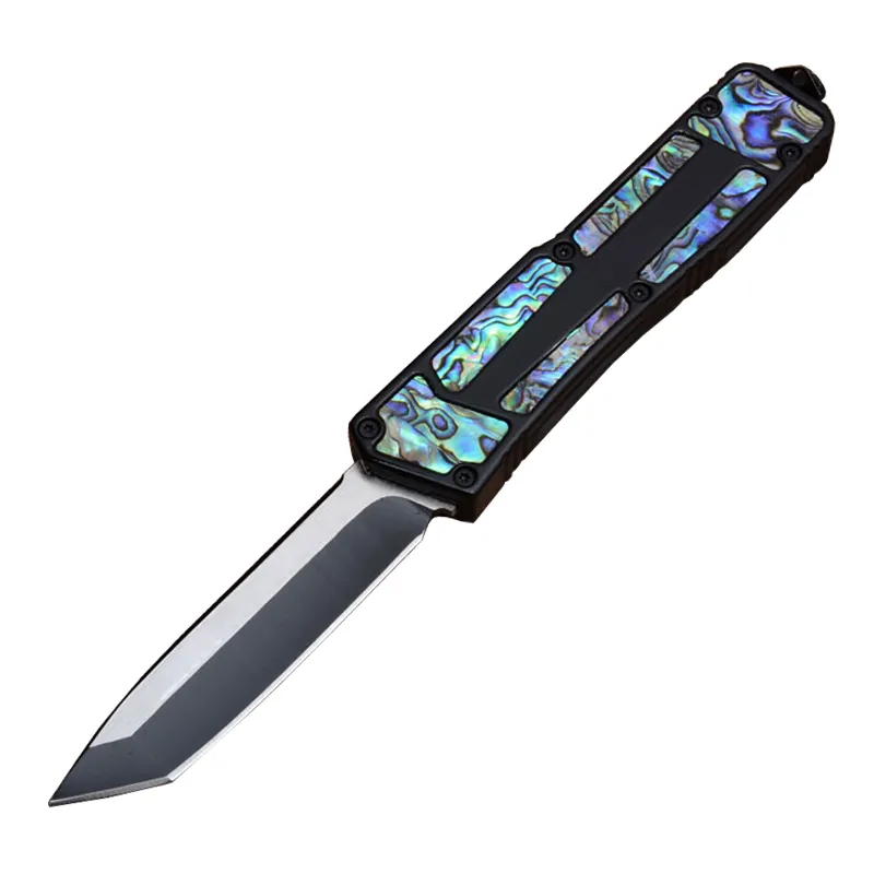 Hoge kwaliteit zwart AUTO tactisch mes 440C zwart oxide draadtrekken Tanto Point Blade Abalone shell / aluminium handgreep Survival messen met nylon tas