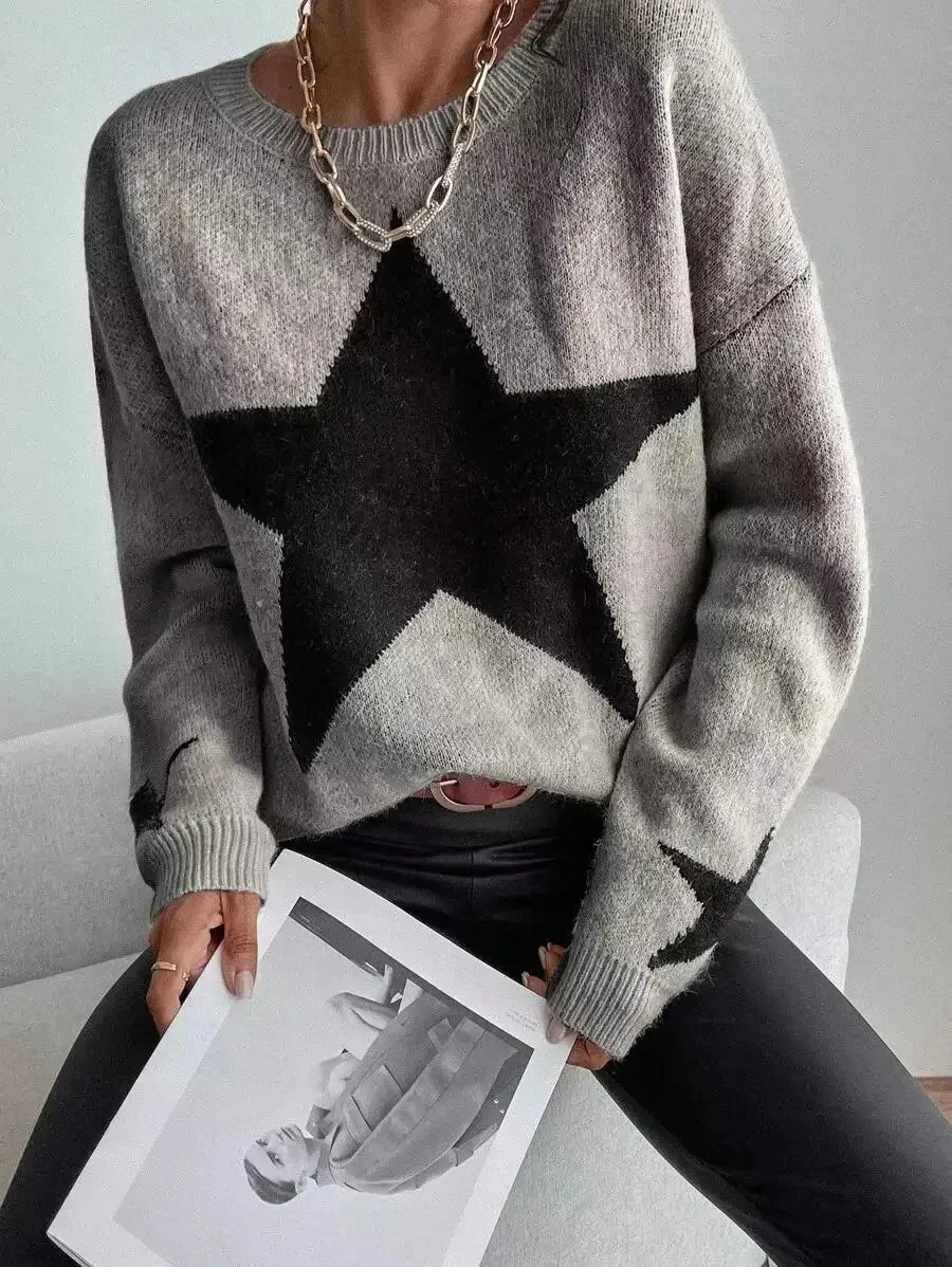 Chandails pour femmes 2023 pull tricoté ample décontracté col rond étoile épais pull femme pull élégant hiver automne à la mode 231110