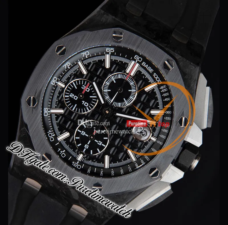 APF 44mm 26400 A3126 Automatic Chronograph Mens Watch Forged Carbon Titanium Steel Black Textured Dial Rubber Super Version Puretime Strap Exclusive Technology