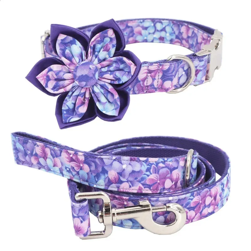 Dog Collars Leashes Purple Magic girl dog collar dog flower and leash set for pet dog cat with rose gold metal buckle 231110