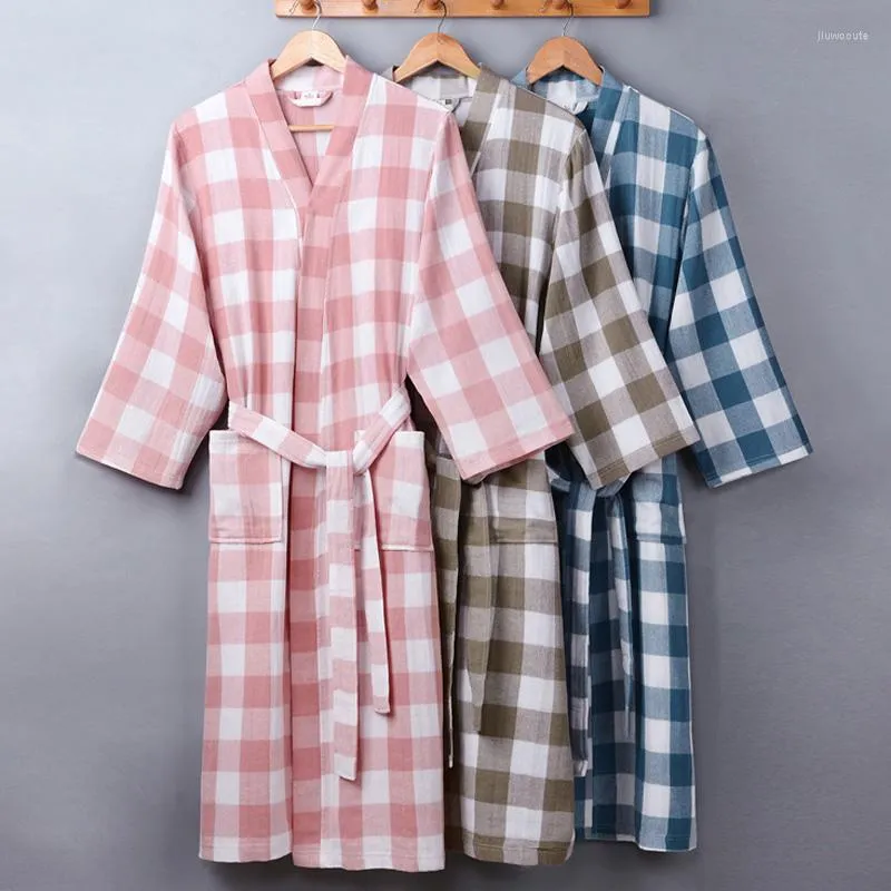 Vêtements de nuit pour femmes été automne coton Robes Double pont gaze Plaid Kimono chemise de nuit ample grande taille maison peignoir robe de chambre