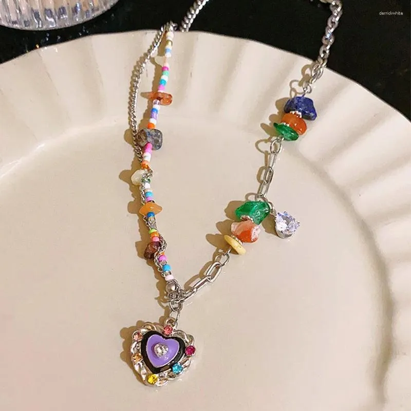 Pendentif Colliers Y2K Coloré Fleur Collier De Perles Bijoux Ras Du Cou Gravier En Acier Inoxydable Pour Les Femmes Amour Coeur Pierre Cou Chaîne