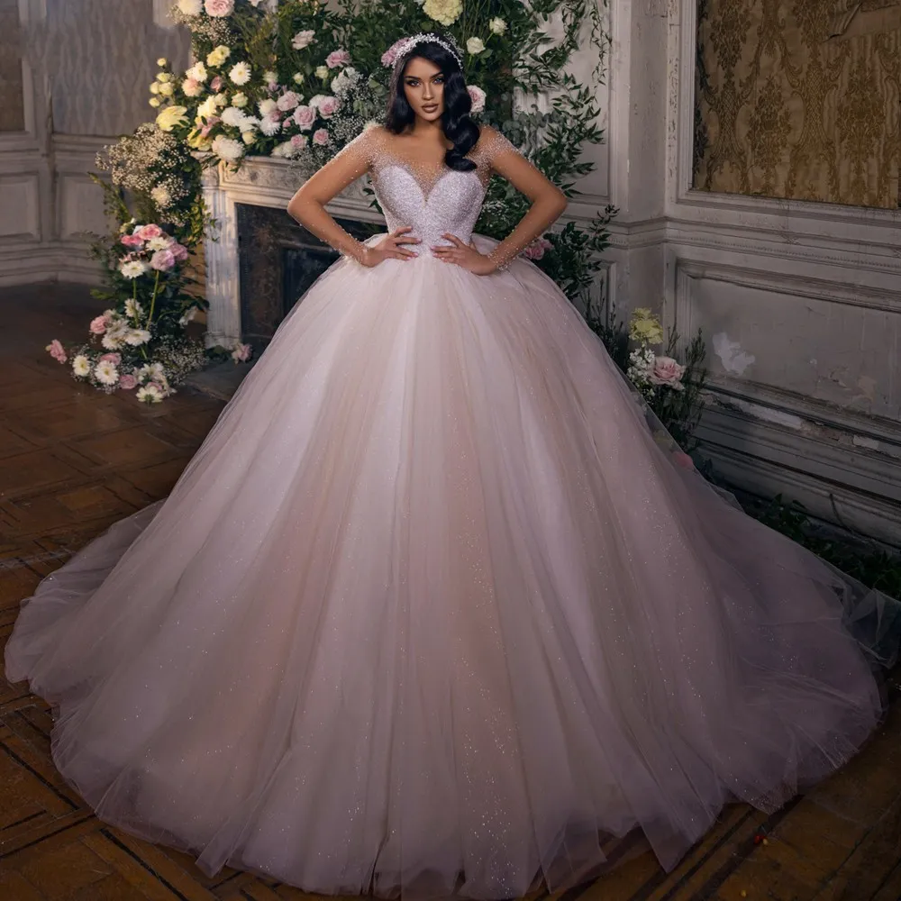 2023 Elegant Princess Wedding Dress Beading Pearls Sweetheart Puffy Sliky Tulle Bridal klänningar Illusion Arabiska Dubai Vestidos de Noiva Robe de Mariee
