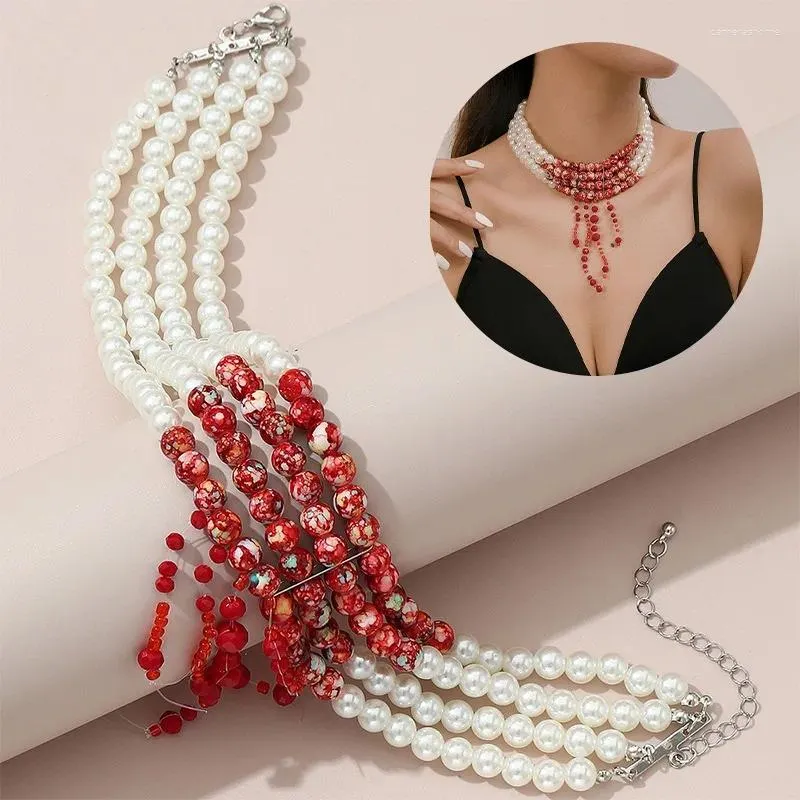 Hänghalsband 2023 Halloween blodmönster Imitation Pearl Necklace Fashion Multi-Layer Pärled Short Gothic Party Jewelry Gifts