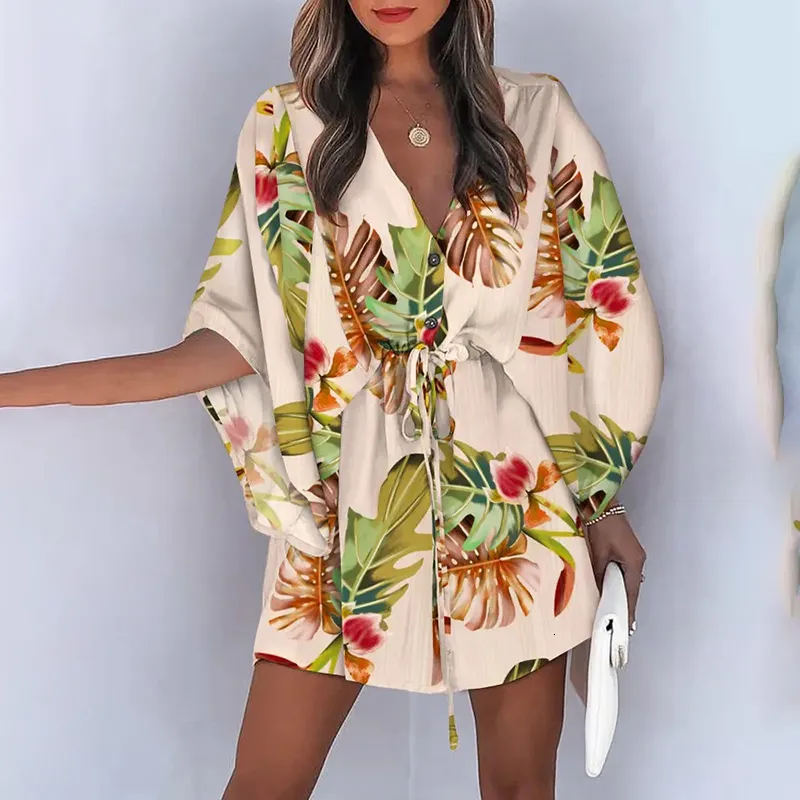 Robes Décontractées À La Mode Manches Chauve-Souris Imprimé Dentelle Femmes Mini Robe Sexy Col En V Décontracté Lâche Bohème Vacances Jupe Été 230410