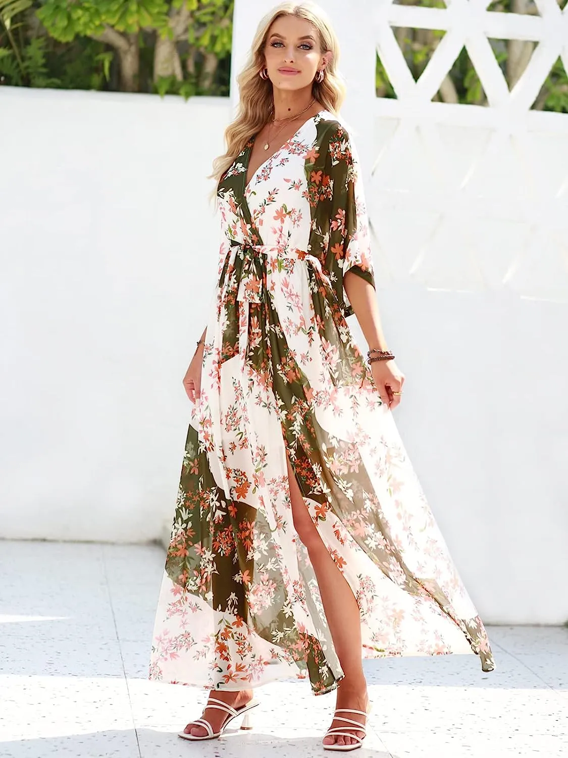 Women's Summer Loose Kimono Maxi Dress Wrap V Neck 3/4 Sleeve Floral Print Slit Long Dresses