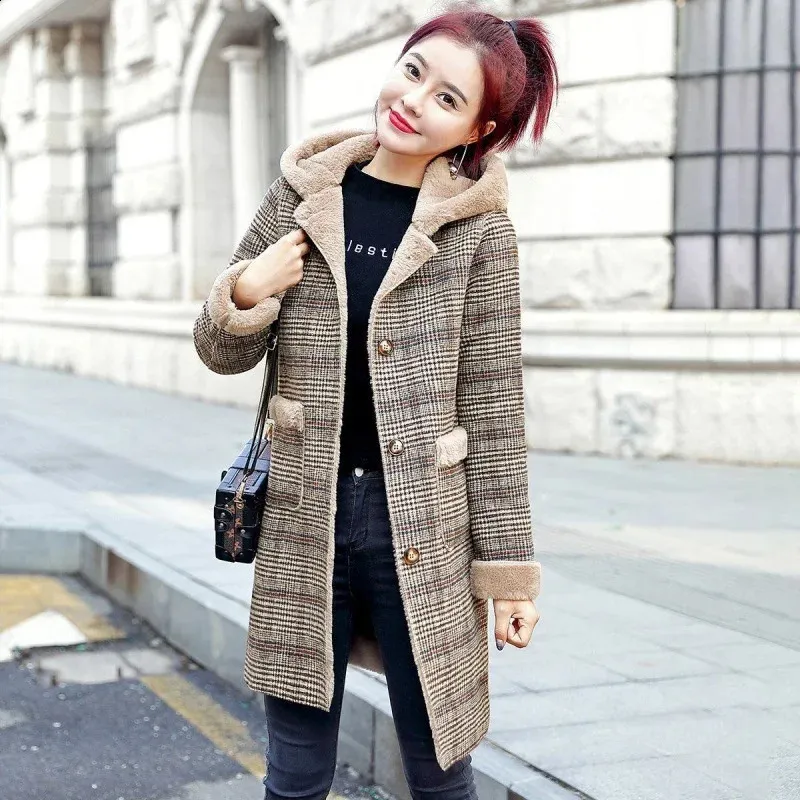 Plaid Wool Blend Coat with Fur Trim Hood | Womens Mid-Length