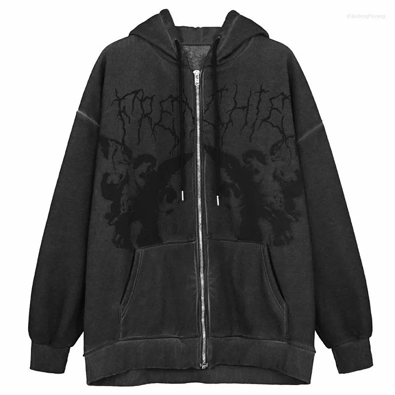 Big Sale Women's Hoodies Women Vintage Angel Print Punk Zip Up Pocket Hip Hop Outwear 2023 Autumn Winter Hooded Jacket