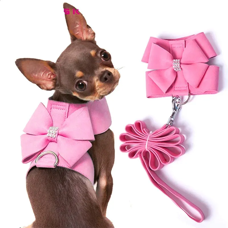 Dog Collars Leashes Small Dog Harness Leash Collar Soft Suede Leather Dog Harness for Puppies Chihuahua Yorkie Cute Pet Harness with Leash Bow XL 231110