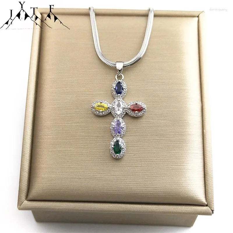 Anhänger Halsketten Multi Farbe Kristall Zirkon Kreuz Halskette Für Frauen Edelstahl Silber Charme Religiöse Schmuck Geschenk NTPS05