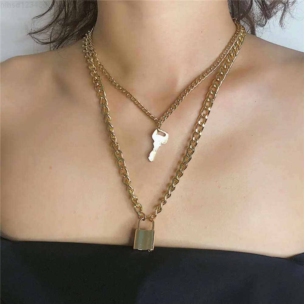 Retro chave bloqueio pingente colar prata ouro casal camada corrente jóias feminino vs link cubano