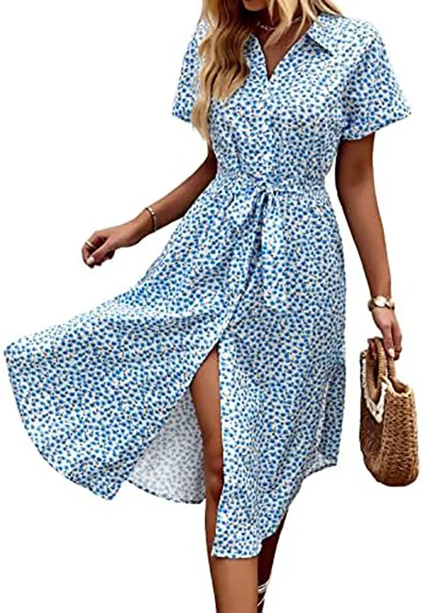 Womens Summer Dress Casual Ditsy Floral Tie Front Button Up Boho Midi Tshirt Dresses