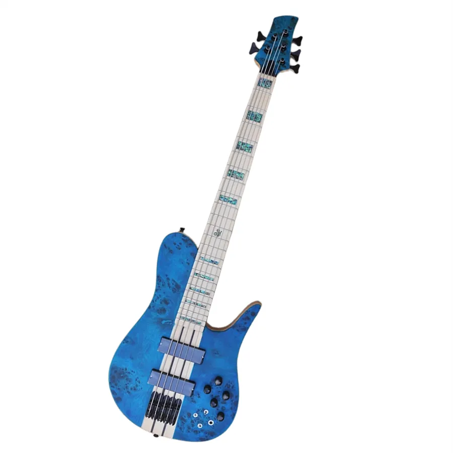 Blauer 5-saitiger Neck-Thru-Body E-Bass mit bunten Perleneinlagen Angebot Logo/Farbe anpassen