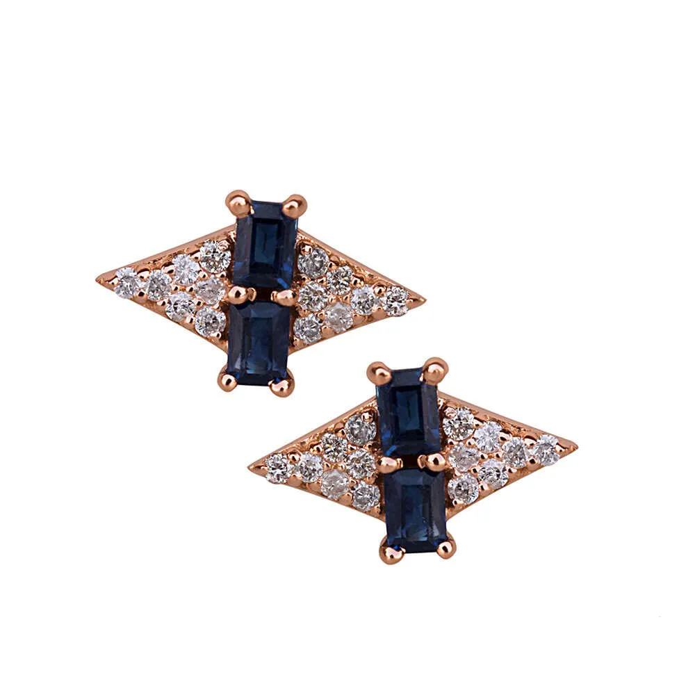 Baguette Cut Blue Sapphire Gemstone Stud Earrings Natural Diamond Solid Gold Handmade Fine Jewelry