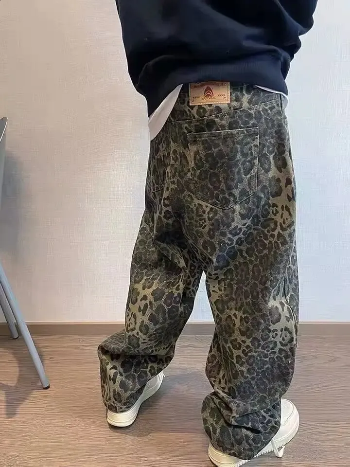 HOUZHOU Mens Denim Jeans Tan Leopard Print Wide Leg From